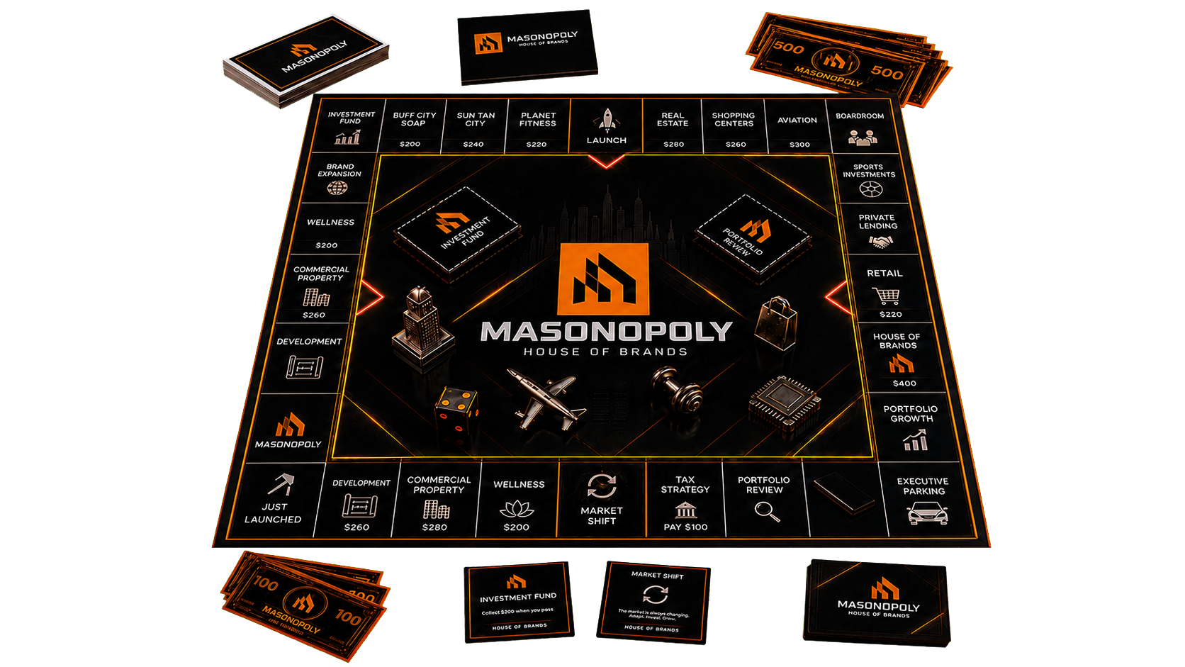 Original Masonopoly board with custom game pieces